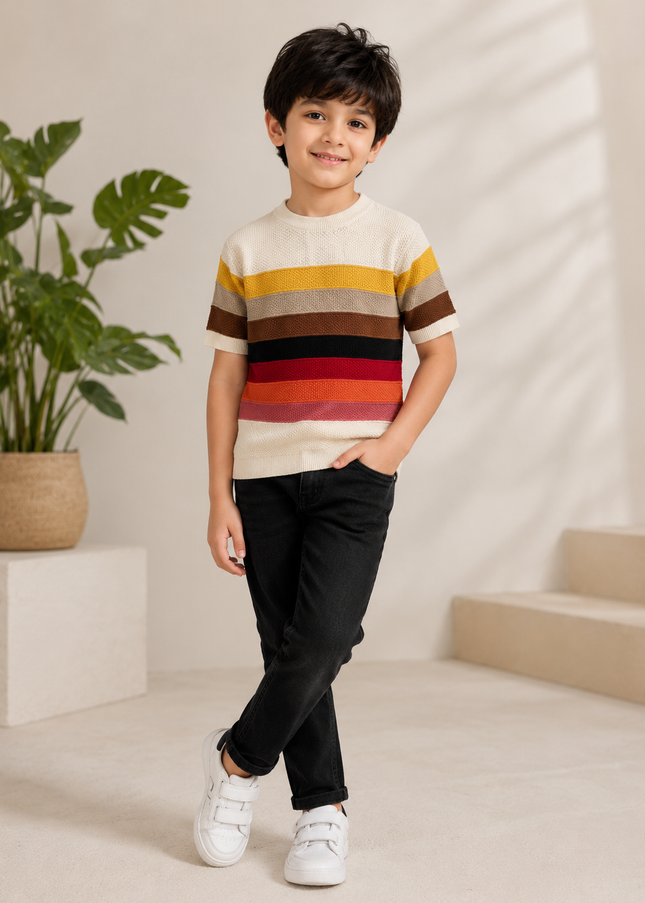 BOYS TSHIRT CODE-A316 Multicolor Striped Knit Sweater for Boys | Stylish Half Sleeve Pullover