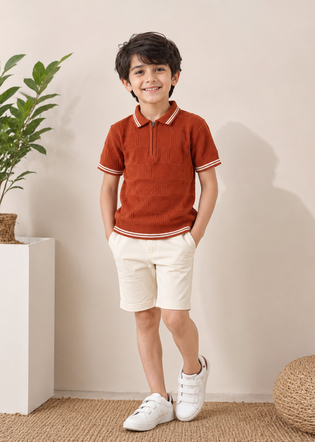 BOYS TSHIRT CODE-A317 Boys Rust Textured Knit Polo T-Shirt | Half Sleeve Casual Top