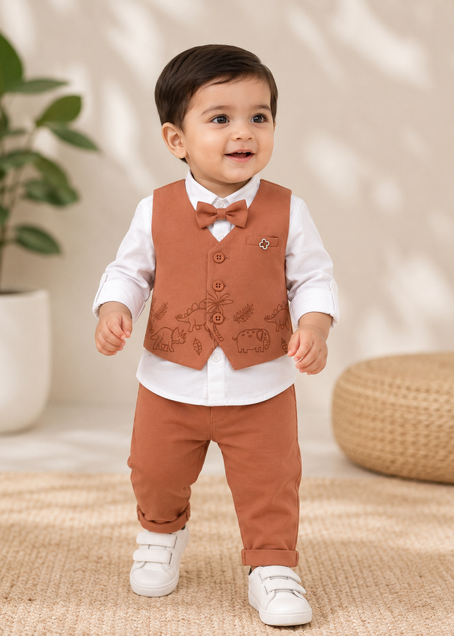 BOYS SET CODE-A318 Baby Boy Dinosaur Print Waistcoat Set with White Shirt, Bow Tie & Trousers