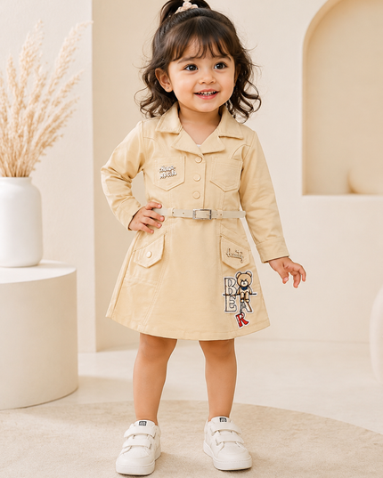 GIRLS MIDI A323 Girls Beige Belted Shirt Dress with Teddy Bear Patch | Full Sleeve Casual Dress