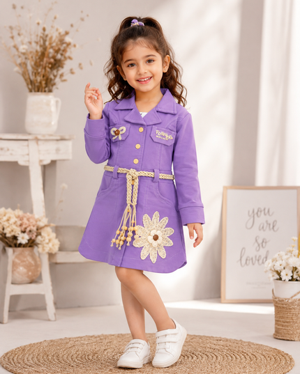GIRLS MIDI CODE-A324 Girls Purple Embellished Shirt Style Dress with Belt | Stylish Party Wear Dress