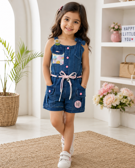 GIRLS JUMPSUIT CODE-A325 Girls Denim Romper with Pink Details | Stylish Cotton Denim Dungaree