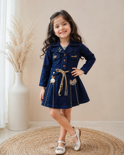 GIRLS MIDI CODE-A326 Girls Navy Blue Denim Dress | Stylish Full Sleeve Frock Dress for Kids