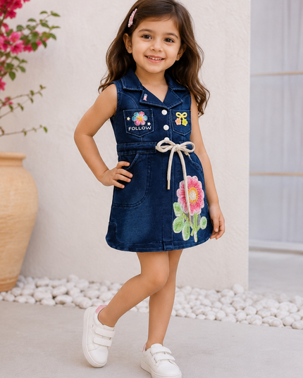 GIRLS MIDI CODE-A329 Girls Denim Dress with Floral Embroidery | Sleeveless Casual Party Dress