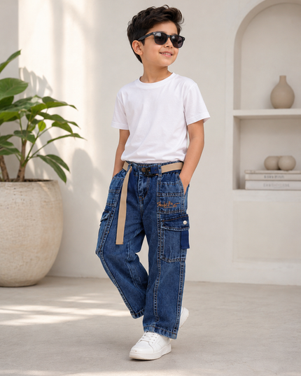 BOYS JEANS CODE-A340 Boys Blue Denim Cargo Jeans with Belt | Stylish Utility Pocket Jeans