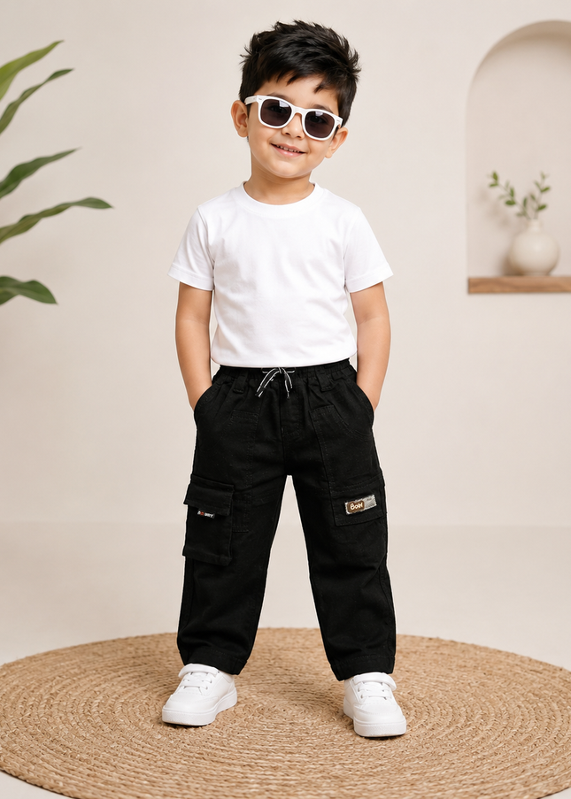 BOYS JEANS CODE-A341 Boys Cargo Pants | Stylish Cotton Utility Trousers for Kids | White & Black