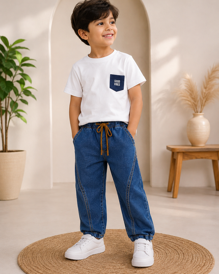 BOYS JEANS CODE-A342 Boys Denim Jogger Pants with Drawstring – Casual Cotton-Blend Jeans