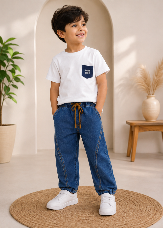 BOYS JEANS CODE-A342 Boys Denim Jogger Pants with Drawstring – Casual Cotton-Blend Jeans