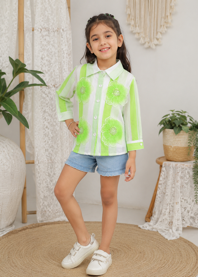GIRLS TOPS CODE-A346 Girls Green & White Floral Striped Shirt Top | He And She Kidswear