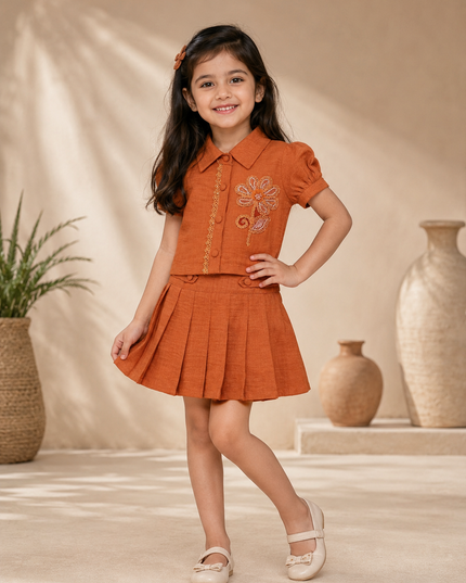 GIRLS SET CODE-A332 Girls Rust Orange Embroidered Shirt & Pleated Skirt Set | Stylish Co-Ord Outfit