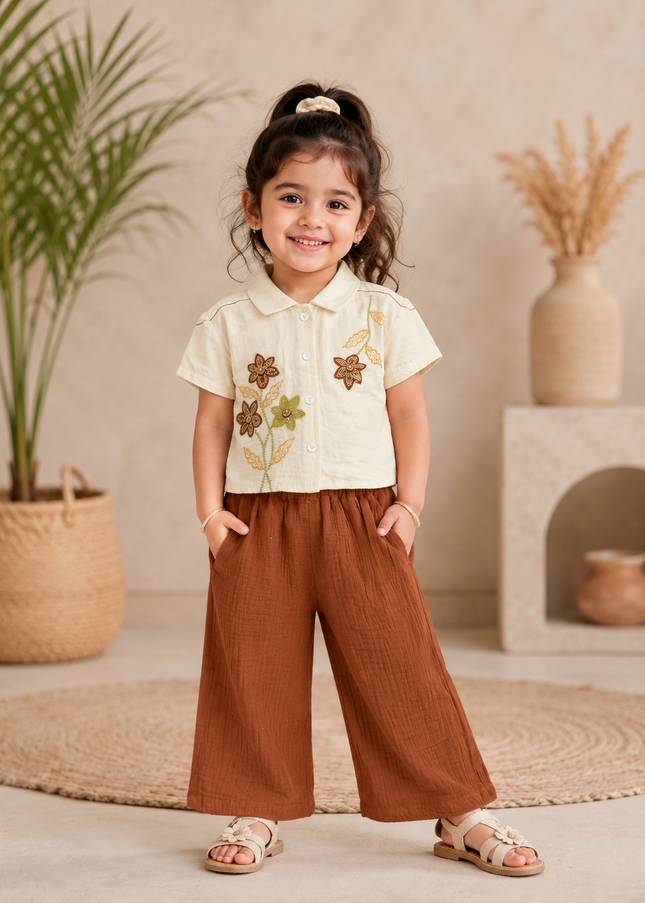GIRLS SET CODE-A334 Girls Cream Floral Embroidered Shirt with Brown Wide-Leg Pants Set