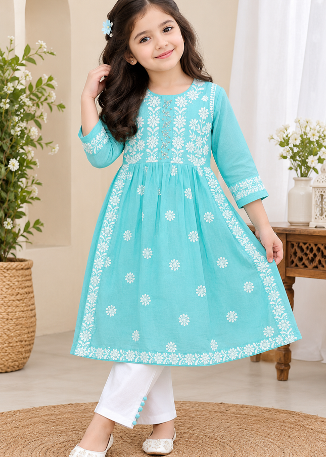 GIRLS KURTI SET CODE-A337 Girls Aqua Blue Embroidered Kurta Pant & Dupatta Set | Floral Ethnic Wear