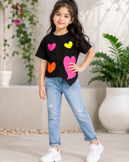 GIRLS TOPS CODE-A354 Girls Black Heart Print Cotton T-Shirt | Stylish Casual Top for Kids
