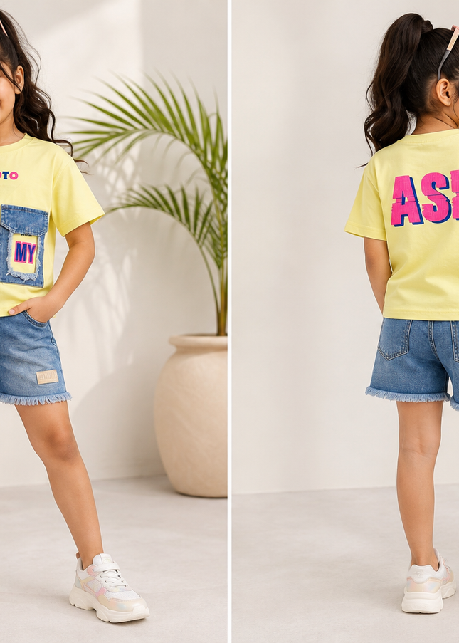GIRLS TOPS CODE-A357 Girls Yellow Printed Cotton T-Shirt | Casual Half Sleeve Top | He And She Kidswear