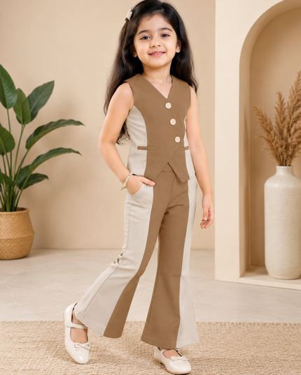GIRLS CODINATE CODE-A360Girls Beige & Brown Stylish Co-Ord Set with Waistcoat & Flared Pants
