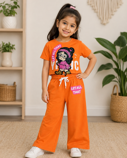 GIRLS CODINATE CODE-A361 Girls Orange Printed T-Shirt & Palazzo Co-Ord Set | Kids Casual 2-Piece Outfit