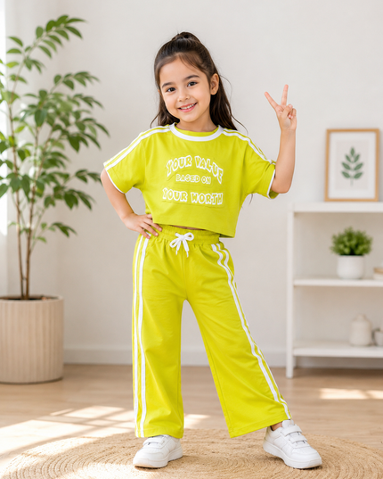 GIRLS CODINATE CODE-A362 Girls Lime Green Co-Ord Set | Stylish T-Shirt & Wide-Leg Pants Set