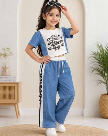 GIRLS CODINATE CODE-A363 Girls Blue Printed Crop Top & Wide Leg Pant Co-Ord Set