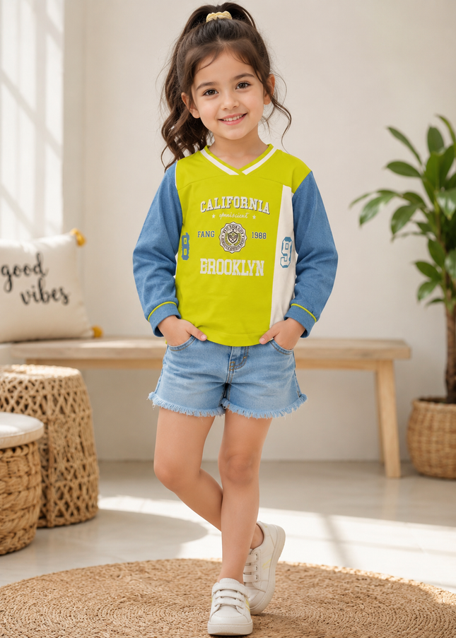 GIRLS TOPS CODE-A364 Girls Stylish Yellow & Blue Full Sleeve Printed Top | Kids Casual T-Shirt