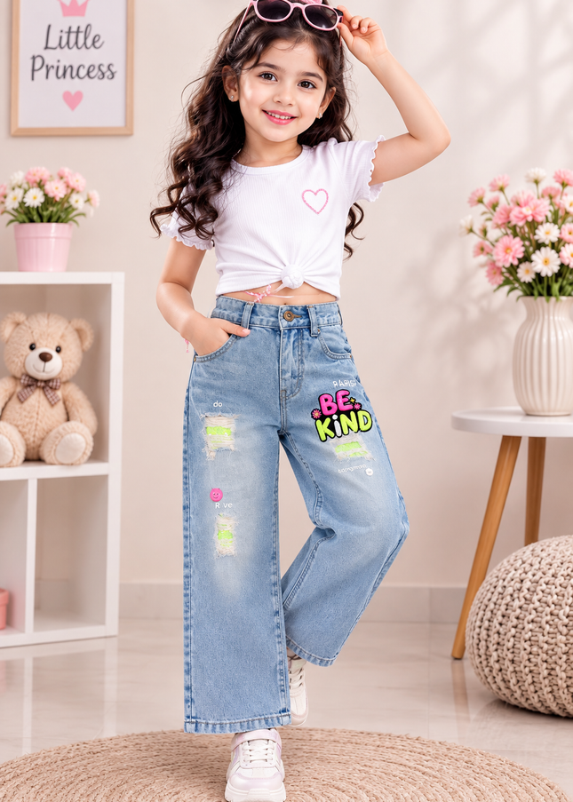 GIRLS JEANS CODE-A366 Girls Light Blue Wide Leg Denim Jeans with Be Kind Patch