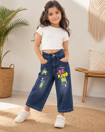 GIRLS JEANS CODE-A367 Girls Wide Leg Denim Jeans with Printed Graphic Design | He And She