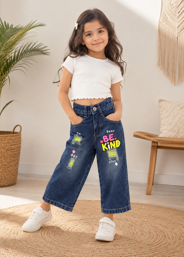 GIRLS JEANS CODE-A367 Girls Wide Leg Denim Jeans with Printed Graphic Design | He And She