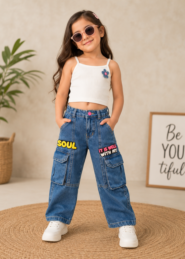 GIRLS JEANS CODE-A369 Girls Blue Denim Cargo Jeans | Stylish Wide Leg Jeans for Kids | He and She