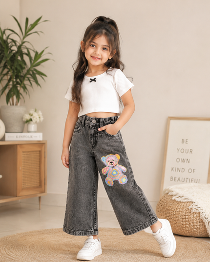 GIRLS JEANS CODE-A370 Girls Wide Leg Jeans | Grey Washed Wide Leg Denim with Teddy Bear Patch