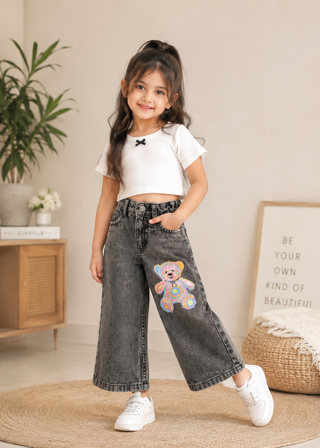 GIRLS JEANS CODE-A370 Girls Wide Leg Jeans | Grey Washed Wide Leg Denim with Teddy Bear Patch