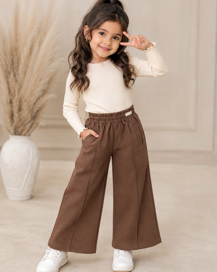 GIRLS JEANS CODE-A372 Girls Brown Wide Leg Pants | Stylish Relaxed Fit Trousers | He And She Kidswear