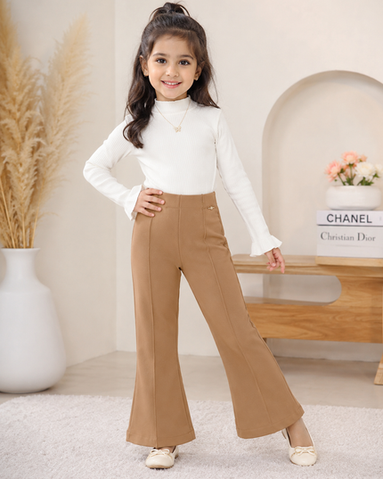 GIRLS PAINT CODE-A373 Girls Beige Flared Pants | Stylish Bell Bottom Trousers for Kids | He And She Kidswear