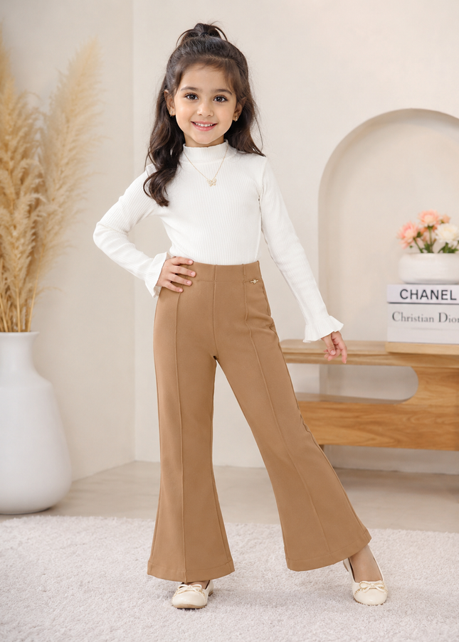 GIRLS PAINT CODE-A373 Girls Beige Flared Pants | Stylish Bell Bottom Trousers for Kids | He And She Kidswear
