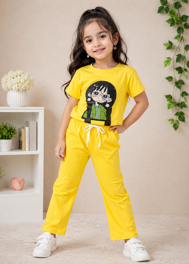 GIRLS CODINATE CODE-A374 Girls Yellow Cartoon Printed T-Shirt & Pants Co-Ord Set | He And She Kidswear