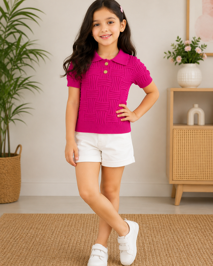 GIRLS TOPS CODE-A349 Girls Pink Textured Knit Collared Top | He And She Kidswear