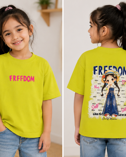 GIRLS TOPS CODE-A351 Girls White Graphic Oversized T-Shirt – Freedom Print Cotton Top | He And She