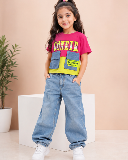 GIRLS TOPS CODE-A352 Girls Trendy Graphic Denim Pocket Crop Top – Stylish Casual T-Shirt
