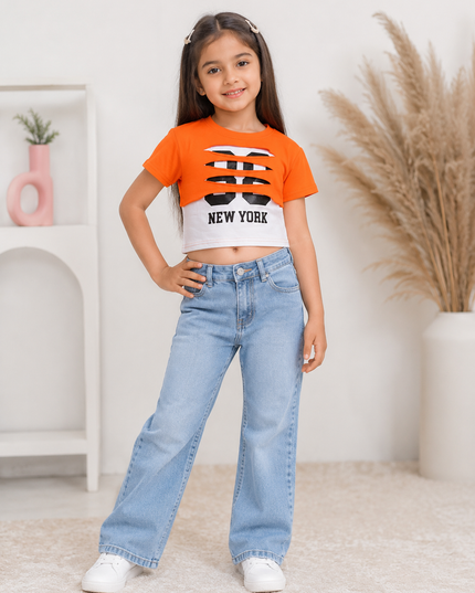 GIRLS TOPS CODE-A353 Girls Orange Graphic Printed Cotton Crop Top | Half Sleeve Casual T-Shirt