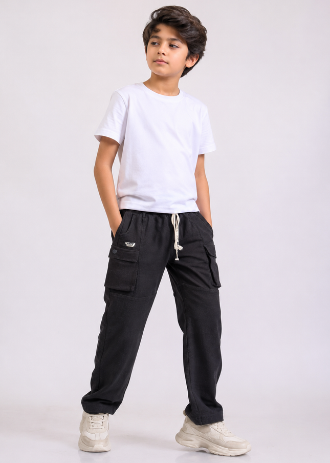 BOYS PANT CODE-A132He and She Boys Black Cargo Jeans | Premium Cotton Blend Straight Fit Pants for Kids