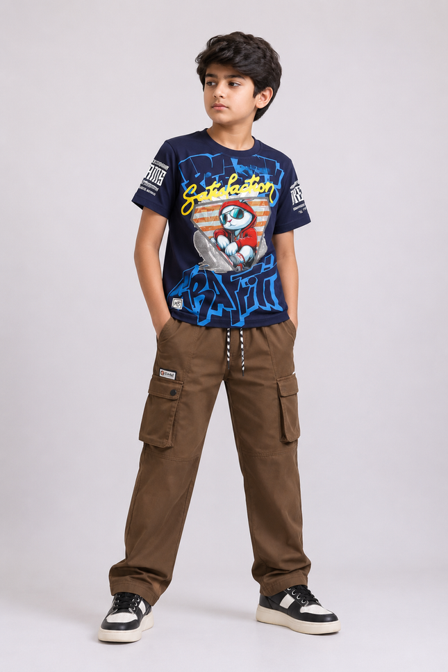 BOYS TSHIRT CODE-A153He and She Boys Navy Blue Graphic Printed Cotton T-Shirt | Casual Half Sleeve Round Neck Kids Tee