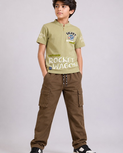 BOYS TSHIRT CODE-A152He and She Boys Brown Graphic Half Zip T-Shirt | Premium Cotton Blend Casual Kids Tee