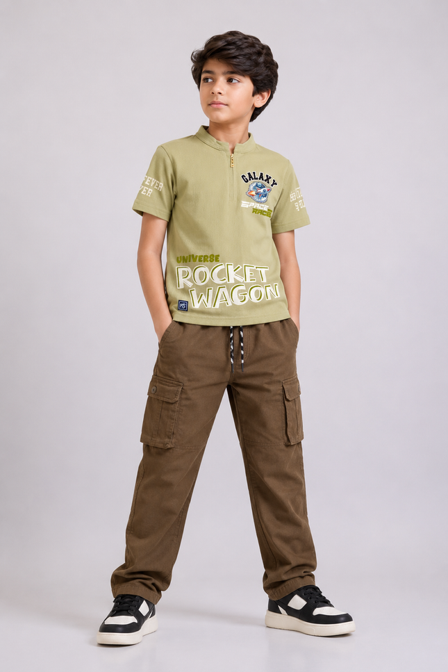 BOYS TSHIRT CODE-A152He and She Boys Brown Graphic Half Zip T-Shirt | Premium Cotton Blend Casual Kids Tee