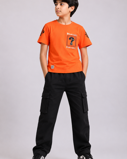 BOYS TSHIRT CODE-A151He and She Boys Neon Orange Graphic Printed Cotton T-Shirt | Casual Half Sleeve Round Neck Kids Tee