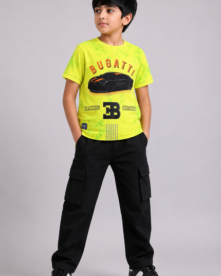 BOYS TSHIRT CODE-A150He and She Boys Neon Yellow Bugatti Graphic Printed Cotton T-Shirt | Casual Half Sleeve Round Neck Kids Tee