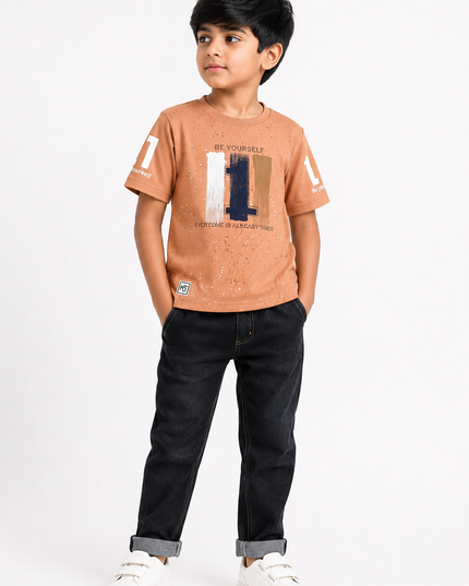 BOYS TSHIRT CODE-A149He and She Boys Peach Graphic Printed Cotton T-Shirt | Casual Half Sleeve Round Neck Kids Tee