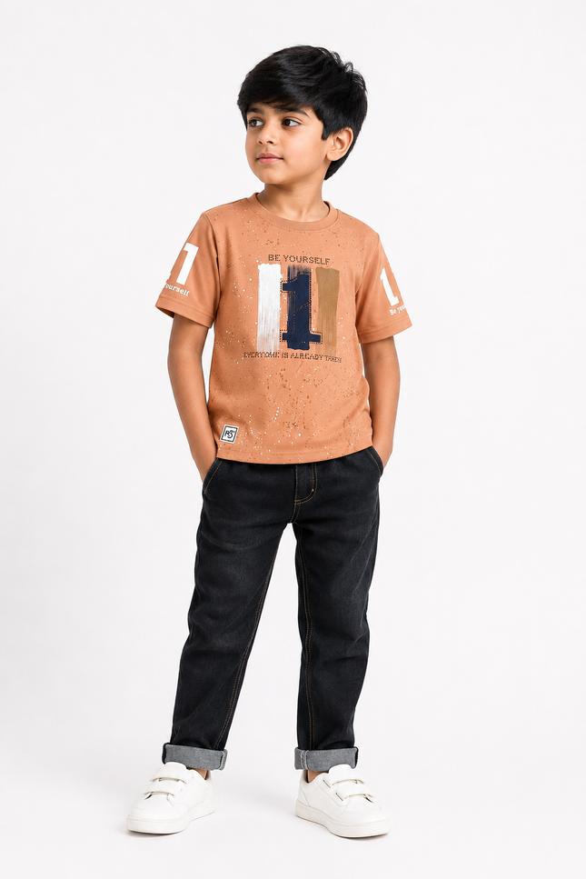 BOYS TSHIRT CODE-A149He and She Boys Peach Graphic Printed Cotton T-Shirt | Casual Half Sleeve Round Neck Kids Tee