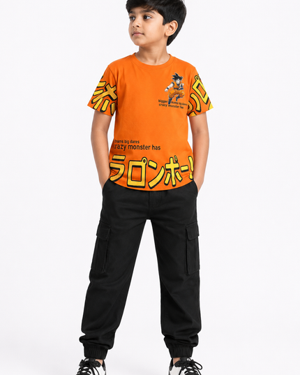 BOYS TSHIRT CODE-A147He and She Boys Orange Anime Inspired Graphic Printed Cotton T-Shirt | Casual Half Sleeve Round Neck Kids Tee