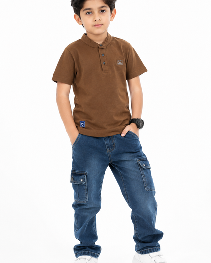 BOYS TSHIRT CODE-A144 He And She Boys Brown Mandarin Collar Cotton T-Shirt | Half Sleeve Casual Kids Wear | Premium Summer T-Shirt