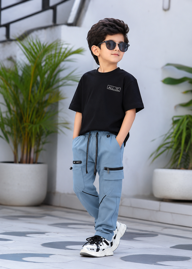 BOYS PANT CODE-A134 Boys Sky Blue Stylish Cargo Pants with Zipper Pockets | He and She
