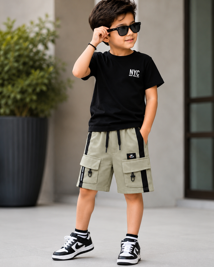 BOYS SHORT CODE-A138 Boys Premium Cargo Shorts with Utility Pockets – Grey & Pista