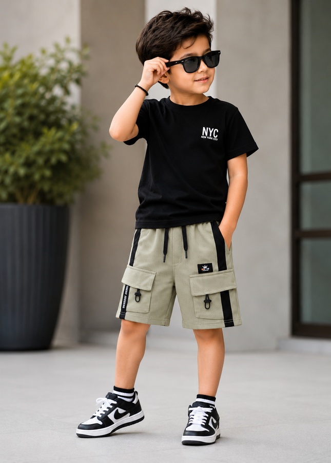 BOYS SHORT CODE-A138 Boys Premium Cargo Shorts with Utility Pockets – Grey & Pista